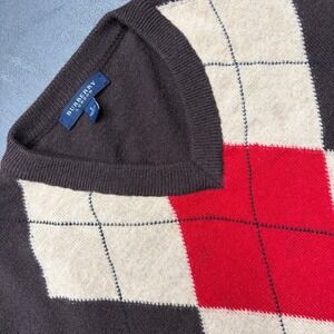 Burberry London Mens L Brown Argyle Merino Wool V Neck Pullover Sweater Academia